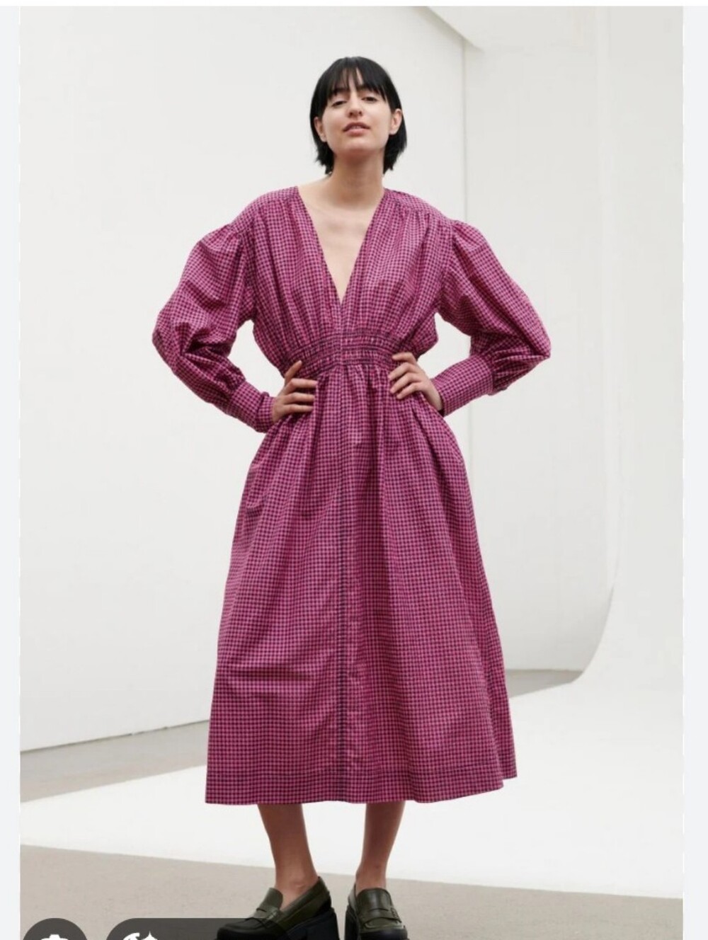 NWT GANNI Gingham Shirred Seersucker Check Midi Dress Size 42